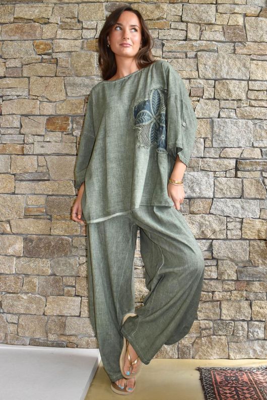Lindin Linen Blend Crochet Flower Top Washed Khaki